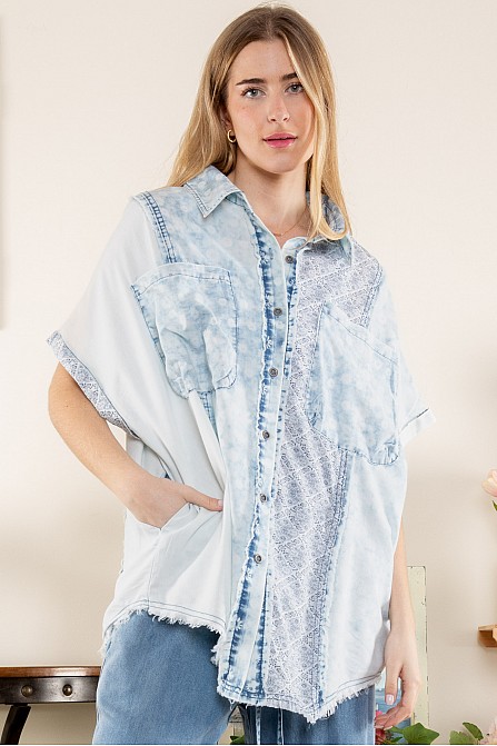 WASHED FLOWER PRINT MULTI FABRIC SHIRT TOP 