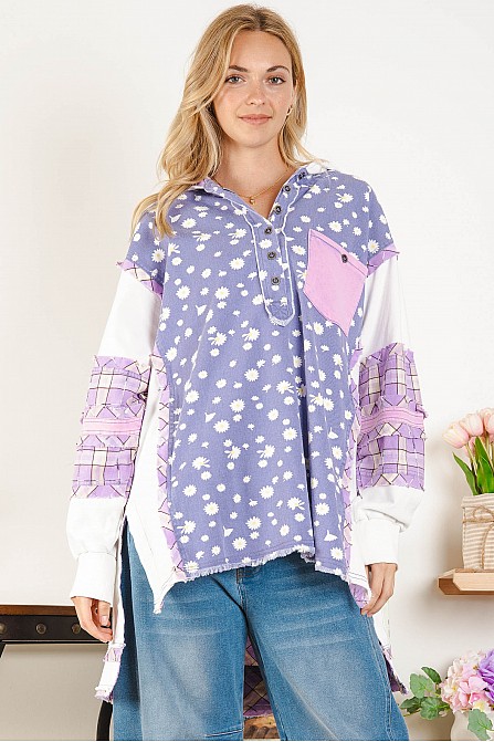 WASHED MULTI COLOR BUTTON DOWN HOODIE TOP