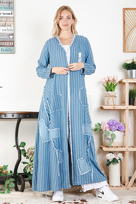 LONG SLEEVE FREYED DENIM DUSTER