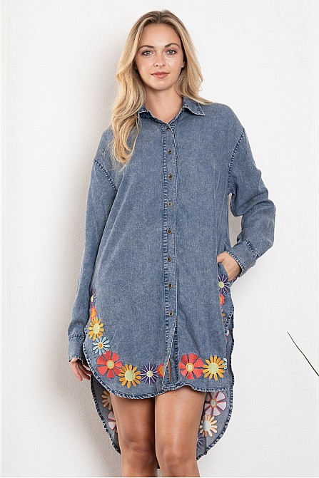 EMBROIDERED BUTTON DOWN HIGH-LOW SHIRT DRESS