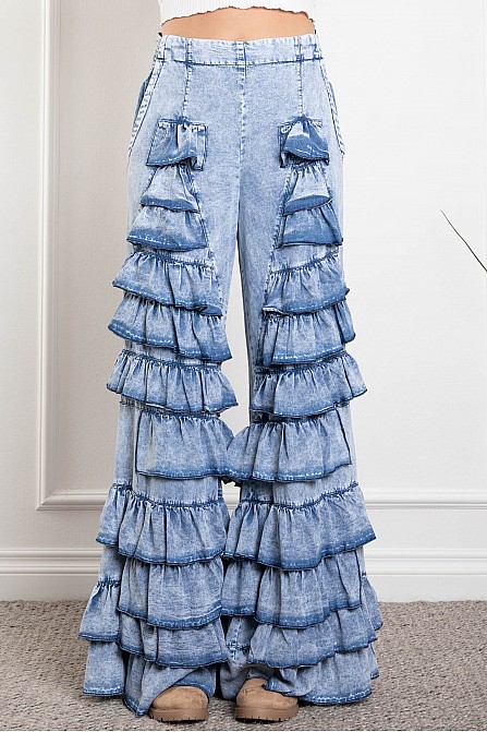 TIERED RUFFLE BELL BOTTOM DENIM PANTS