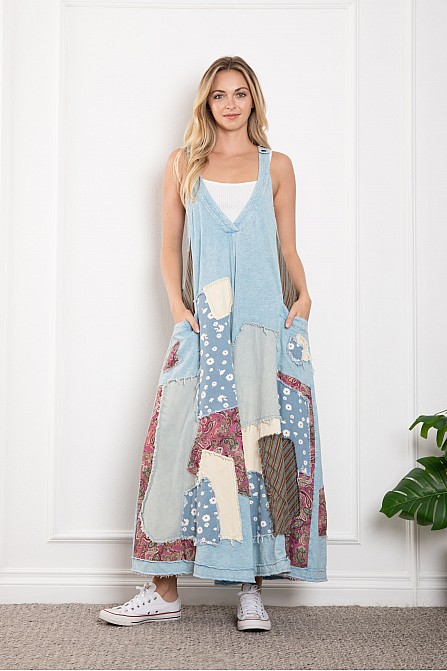 PATCHED DEEP V-NECK WIDE LEG JUMPSUIT
