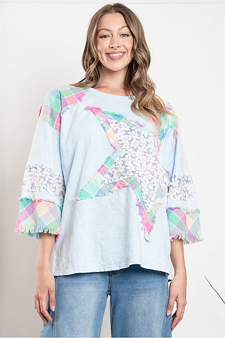 PATCHWORK 3/4 SLV ROUND NECK TOP