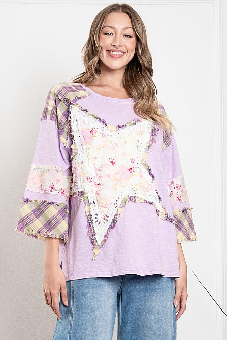 PATCHWORK 3/4 SLV ROUND NECK TOP