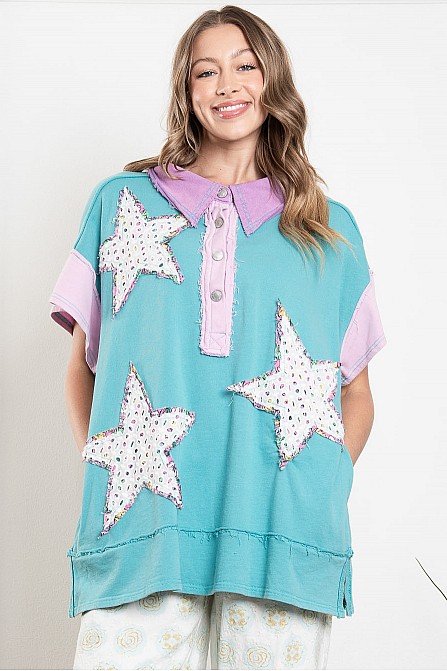 STAR PATCH BUTTON UP SHORT SEELVE POLO T-SHIRTS